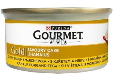 Gourmet Gold Savoury Cake hrubá paštéta s kuracím mäsom a mrkvou v konzerve pre dospelé mačky 85 g