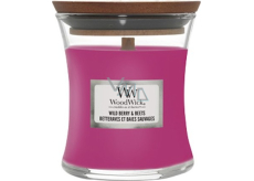 WoodWick Wild Berry & Beets vonná sviečka s dreveným knôtom a skleneným viečkom malá 85 g