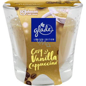 Glade Cosy Vanilla Cappuccino s vôňou vanilky a čerstvo namletej kávy vonná sviečka v skle, doba horenia až 38 hodín 129 g