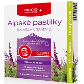 Cemio Alpské pastilky Šalvia a vitamín C pri nachladnutí, škrabanie v hrdle 20 kusov