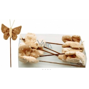 Motýliky z béžovo-hnedej látky v krabičke zápich 6 kusov, 12 cm + špajle