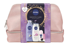 Nivea Smooth Care Smooth Sensation telové mlieko 400 ml + Nivea Diamond & Argan Oil sprchový gél 250 ml + Nivea Invisible Black & White Clear antiperspirant roll-on 50 ml + Labello Soft Rosé balzam na pery 4,8 g + kozmetická etue, kozmetická sada pre ženy