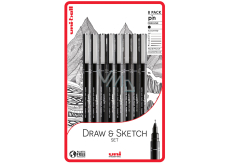 Uni Pin Draw & Sketch Kaligrafická sada kresliacich linerov so špeciálnym atramentom 0,05/0,1/0,3/0,5/0,8/1,0/1,2/štetec čierna 8 kusov