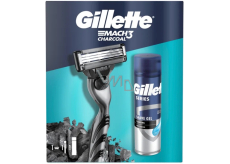 Gillette Mach3 holiaci strojček + 1 náhradná hlavica + čistiaci gél na holenie s dreveným uhlím 200 ml, kozmetická sada pre mužov