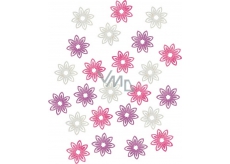 Kvety drevené fialová, biela, ružová 2 cm 24 kusov