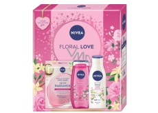 Nivea Floral Love Skin Radiance textilná maska na tvár + Nivea Floral Love sprchový gél 250 ml + Nivea Floral Love telové mlieko 250 ml, kozmetická sada pre ženy